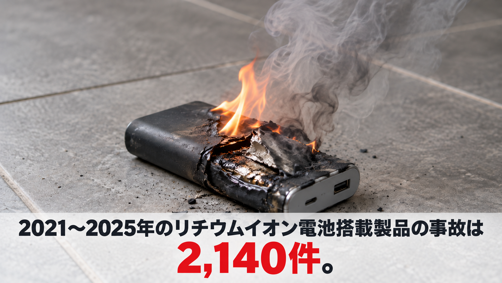 損傷したモバイルバッテリーから炎と煙が出ているAI生成の再現イメージ。2021〜2025年のリチウムイオン電池搭載製品の事故は2,140件。