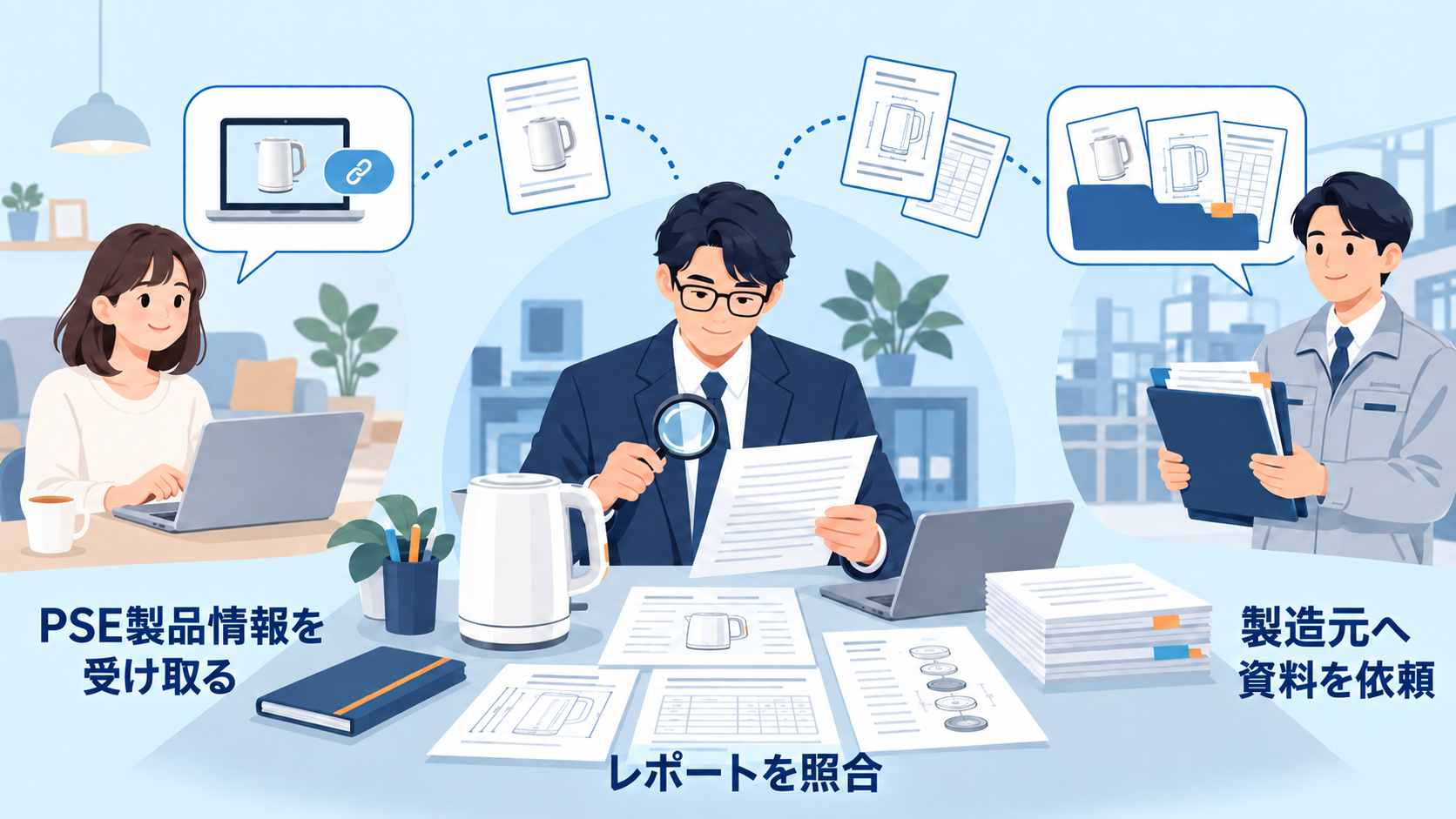 PSE製品情報を受け取る、製造元へ資料を依頼、レポートを照合の3つの説明を加えたイラスト