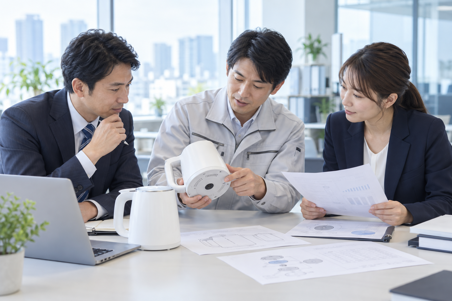 買い手・売り手・確認担当者が製品と資料を照合し、根拠に基づく調達を一緒に考えるイメージ