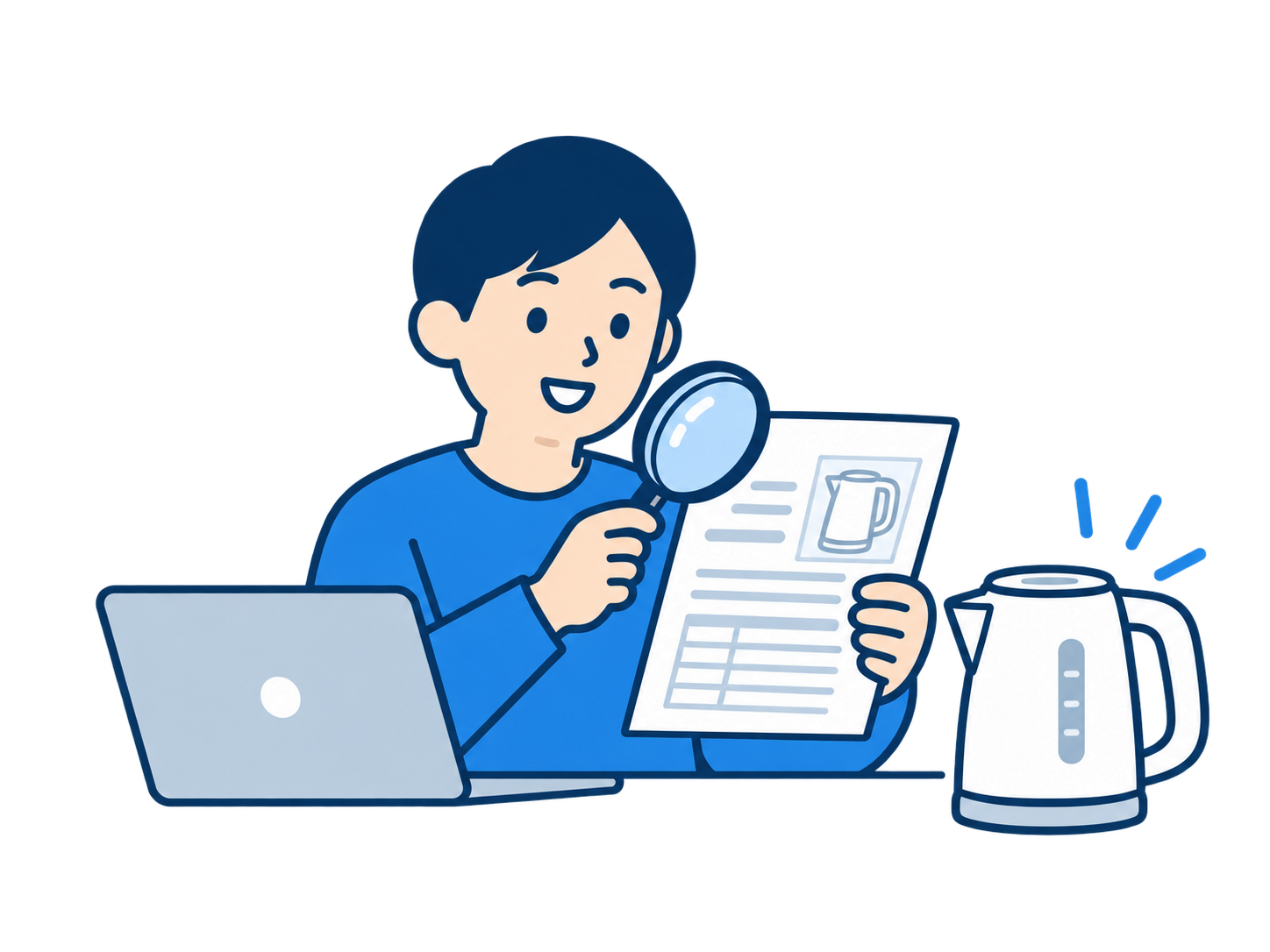 担当者が製品と試験レポートを確認するイラスト